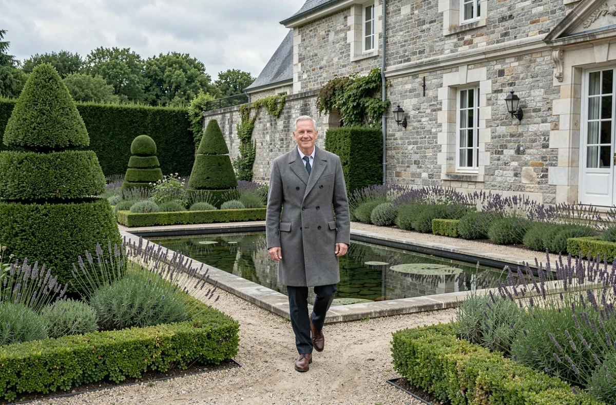 Philippe Thomas, paysagiste designer, marchant dans un jardin prestige avec topiaire en if et bassin formel dans le Nord