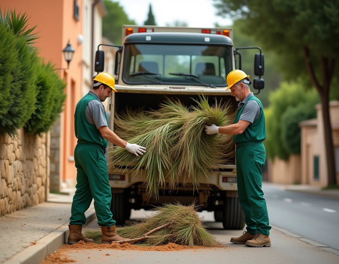 Agents municipaux collectant des branches de palmier élaguées dans une rue de Fréjus avant la reprise végétative