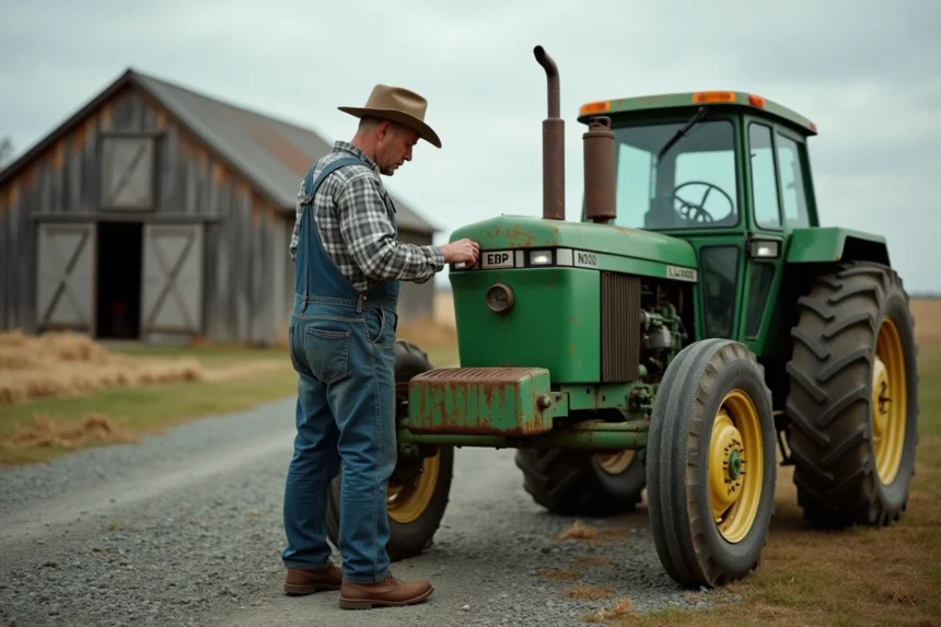 Agriculteur inspectant un tracteur d'occasion dans une cour de ferme, matériel agricole reconditionné