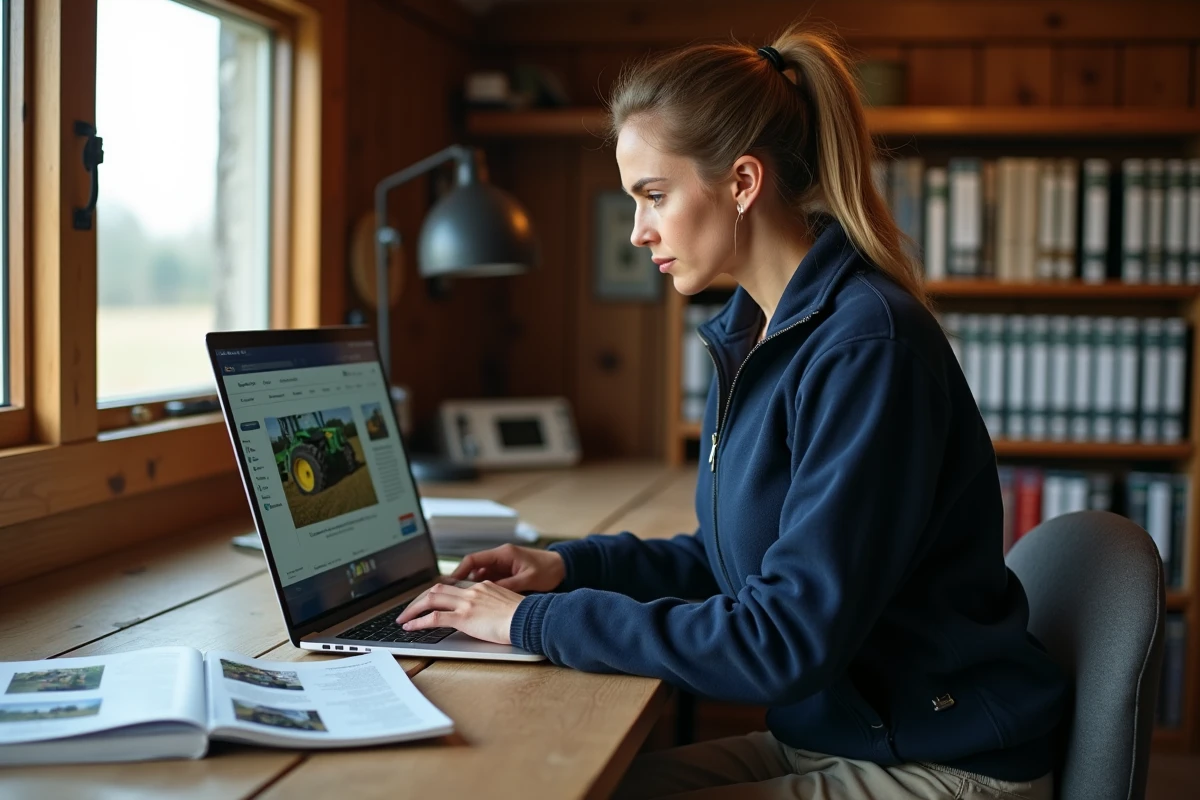 Agricultrice recherchant du matériel agricole neuf ou d'occasion en ligne sur un site spécialisé