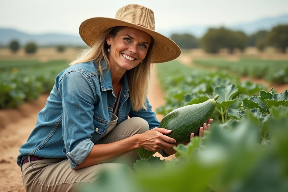 Agricultrice inspectant un plant de melon résistant à la sécheresse dans un champ provençal sec