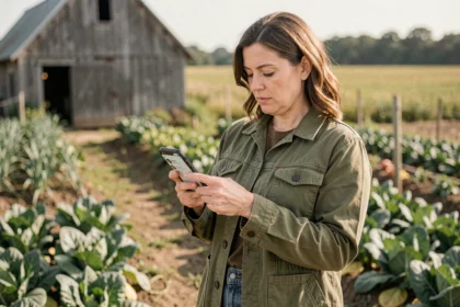 Agricultrice tenant un smartphone dans un champ de légumes, illustrant la gestion des réseaux sociaux en milieu agricole