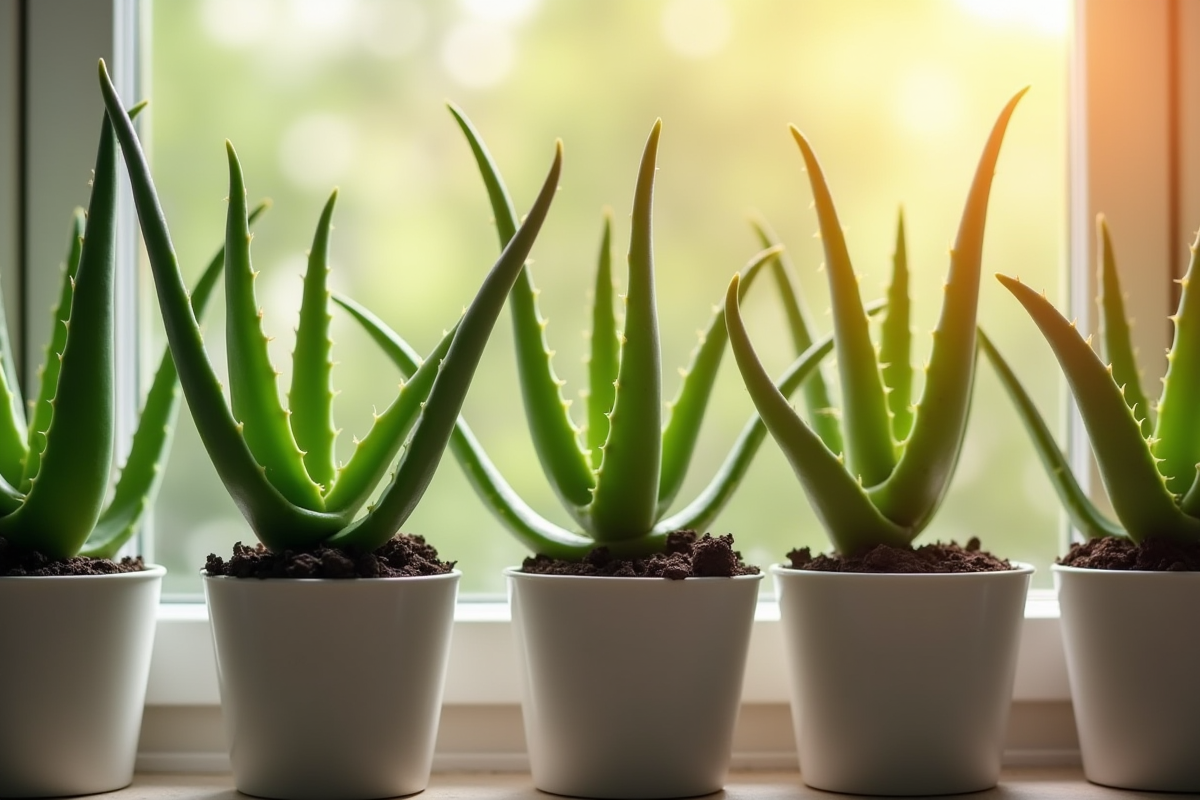 Plusieurs aloe vera en pot sur une fenêtre ensoleillée