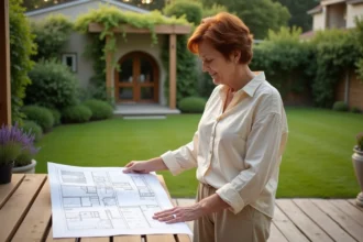 Femme consultant des plans d'aménagement extérieur sur une terrasse en bois avec pergola et jardin verdoyant en arrière-plan