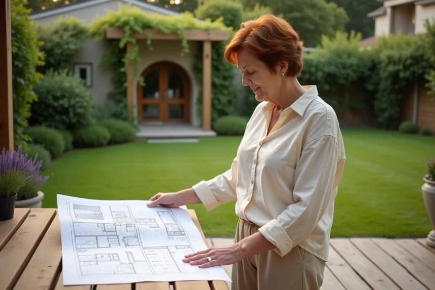 Femme consultant des plans d'aménagement extérieur sur une terrasse en bois avec pergola et jardin verdoyant en arrière-plan