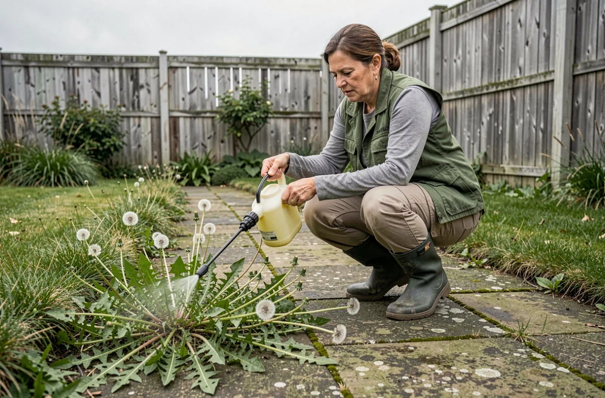 Femme appliquant du Roundup dosé sur des mauvaises herbes entre des dalles de jardin