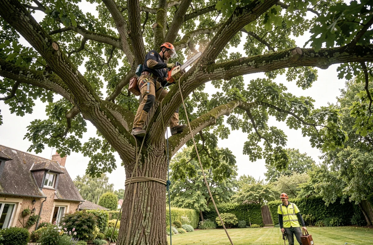 Arboriste d'Arbo-Tech 17 en train d'élaguer un grand chêne en grimpant dans la canopée avec équipement professionnel