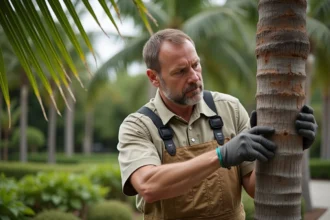 Arboriste injectant un traitement dans un palmier mature
