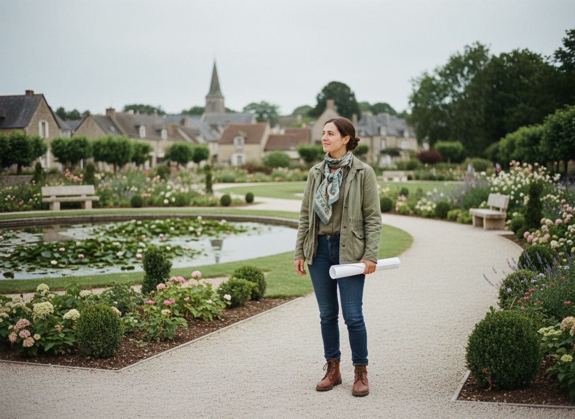Jeune architecte paysagiste observant un parc public normand