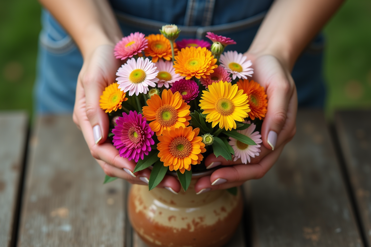 Main arrangeant des fleurs dans un vase en céramique