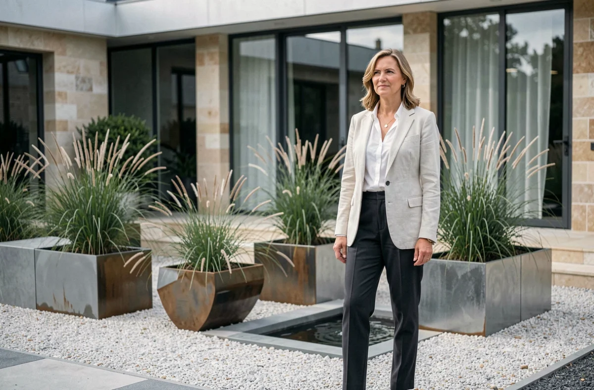 Architecte paysagiste de l'Atelier Coralis devant une installation de jardin contemporain avec graminées et bassin minimaliste