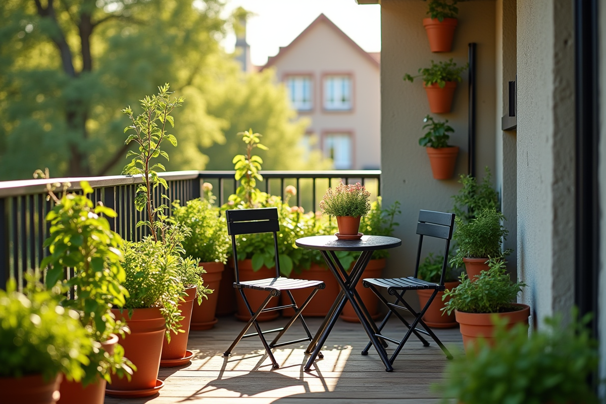 Balcon transformé en mini jardin avec herbes en pots