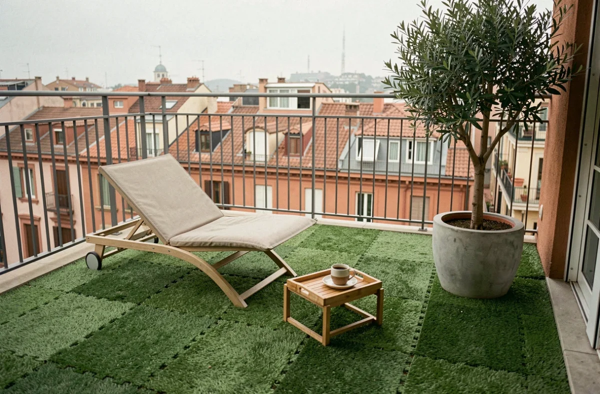 Terrasse urbaine de balcon couverte de dalles de gazon synthétique avec salon de jardin et vue sur les toits de la ville