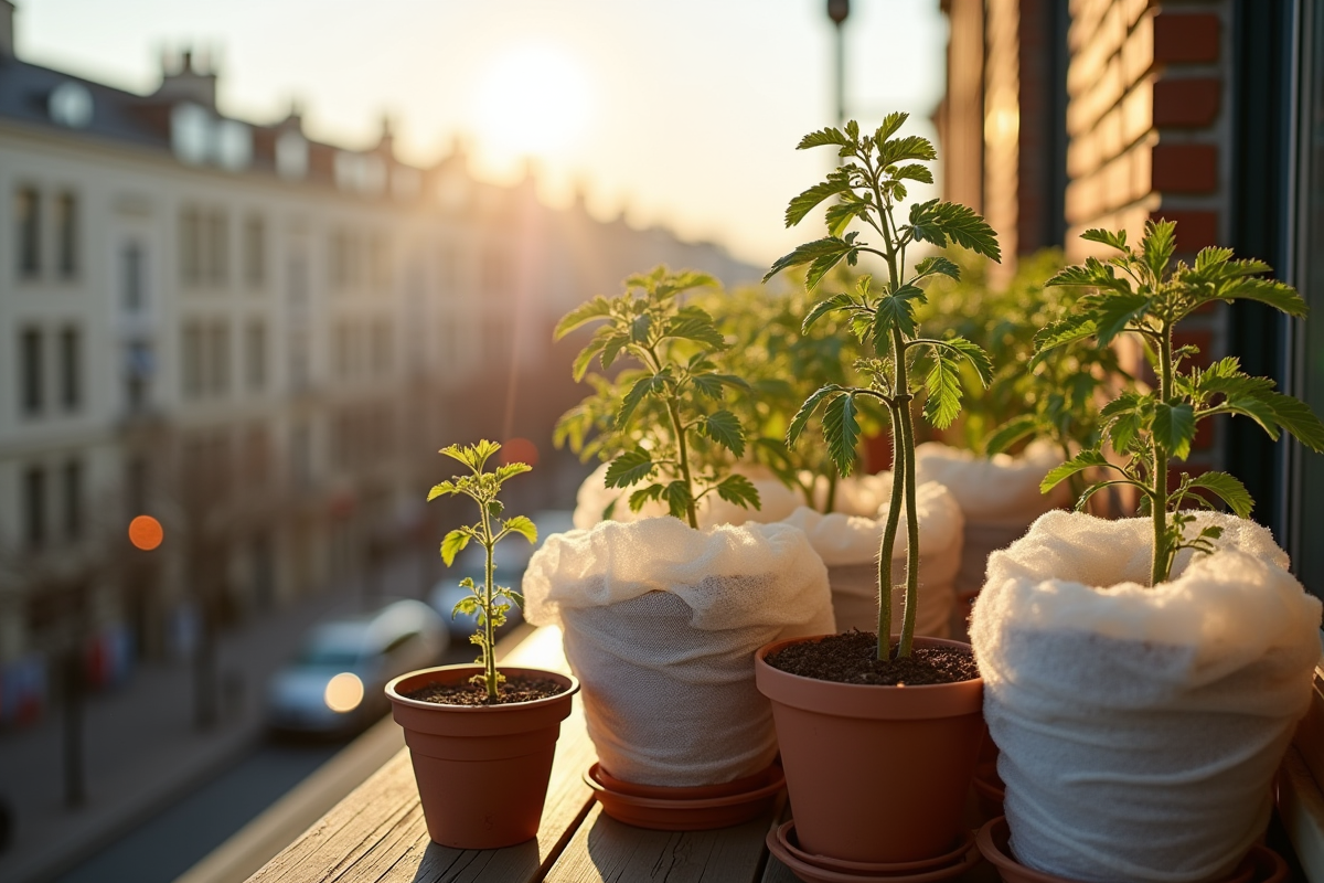Tomates en pot sur balcon urbain en hiver