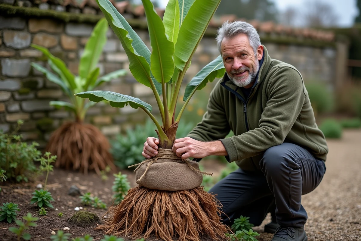 Jardinier installant une housse de protection hivernale autour d'un bananier taillé avec des feuilles mortes et un voile de forçage dans un jardin de campagne