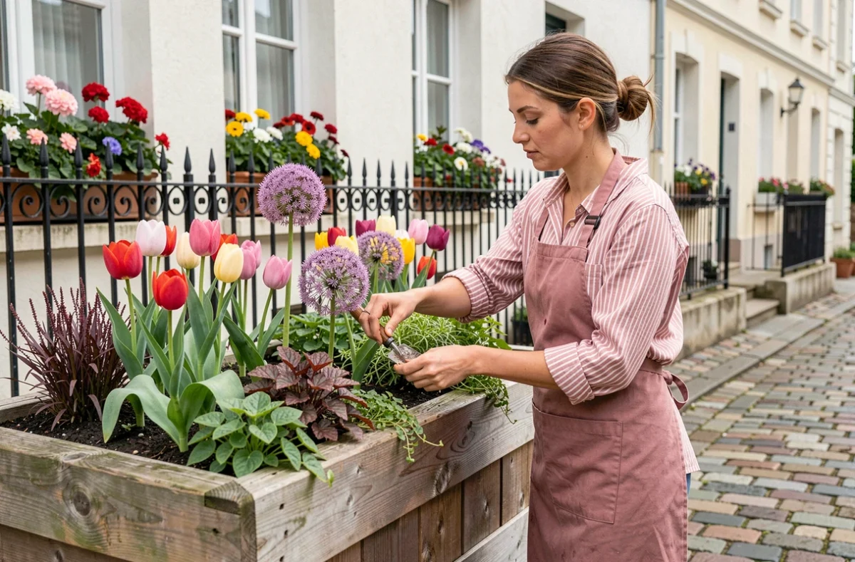 Paysagiste de BLOEM arrangeant une composition florale de tulipes et feuillages ornementaux dans un bac en bois devant une maison de ville du Nord