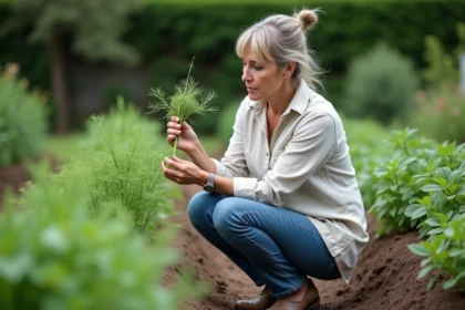 Femme botaniste examine dill et peucedanum dans le jardin