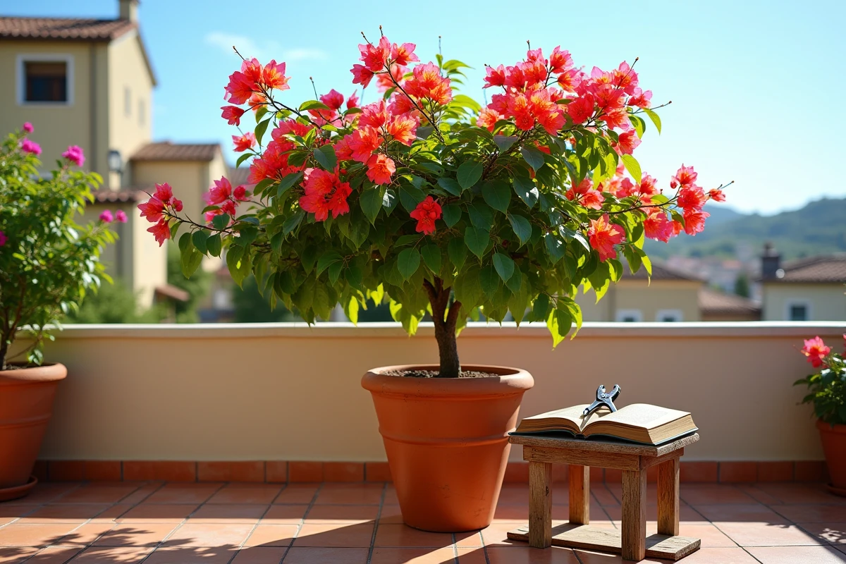 Bougainvillier en pot sur un balcon méditerranéen après taille avec un sécateur posé sur un tabouret en bois