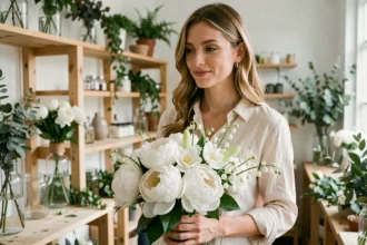 Femme tenant un bouquet de fleurs blanches symboliques composé de pivoines et muguet dans un atelier de fleuriste en 2026