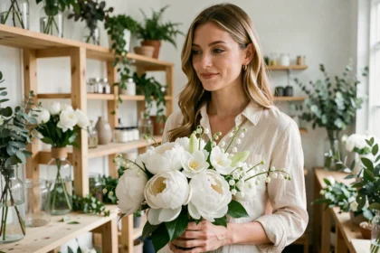 Femme tenant un bouquet de fleurs blanches symboliques composé de pivoines et muguet dans un atelier de fleuriste en 2026