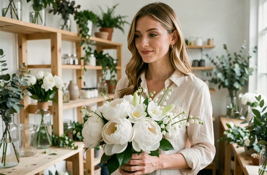 Femme tenant un bouquet de fleurs blanches symboliques composé de pivoines et muguet dans un atelier de fleuriste en 2026