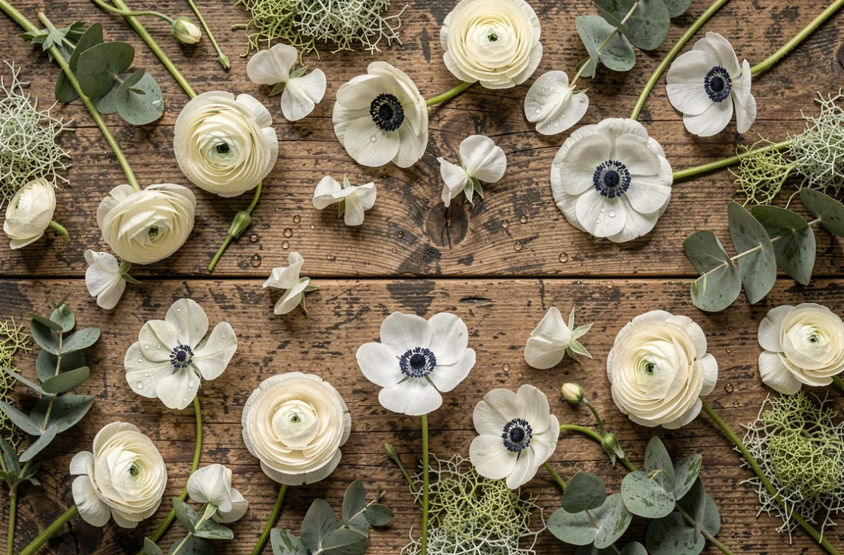Vue de dessus d'un bouquet de fleurs blanches symboliques avec renoncules et anémones sur une table en bois rustique