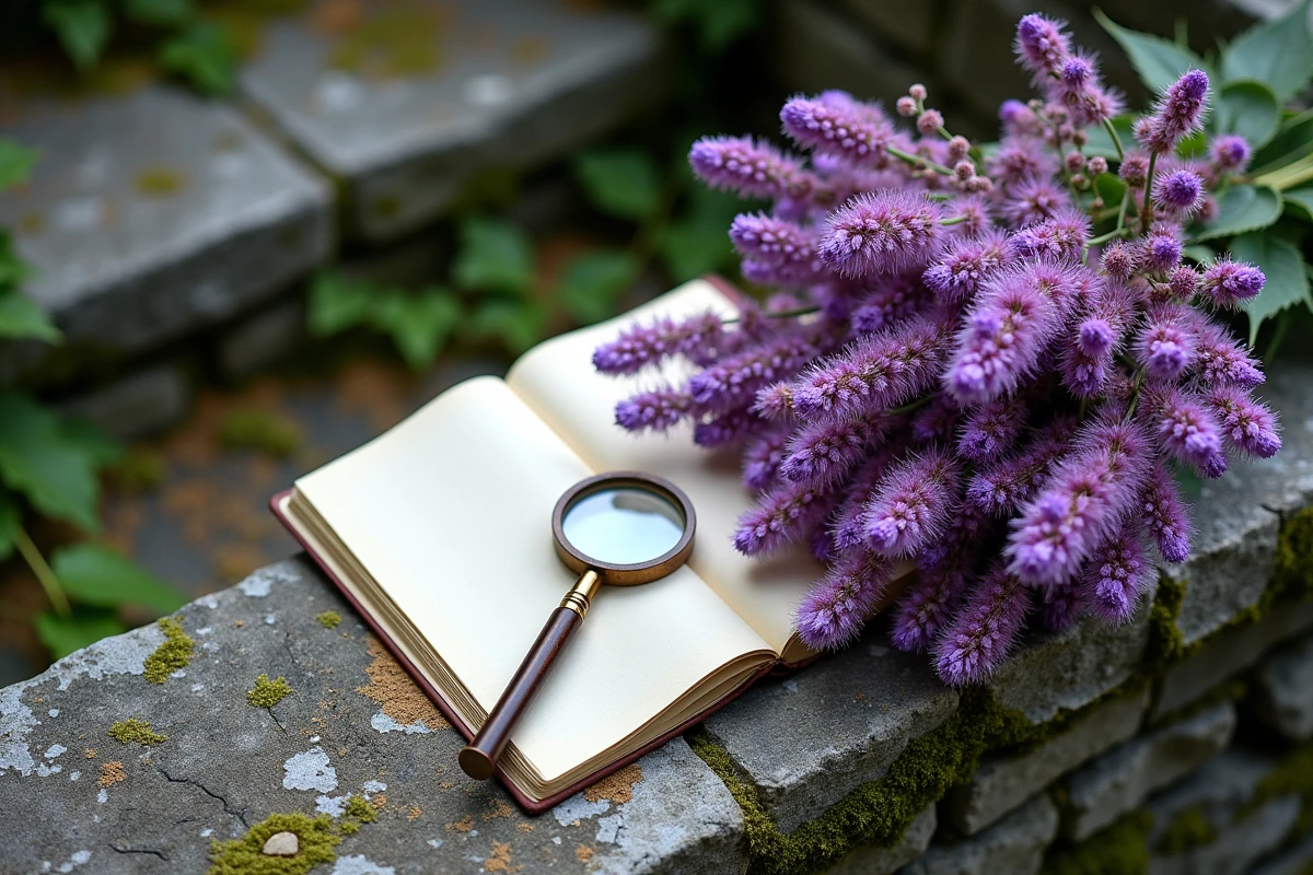 Bouquet de fleurs mauves sauvages posé sur un mur en pierre avec un carnet botanique