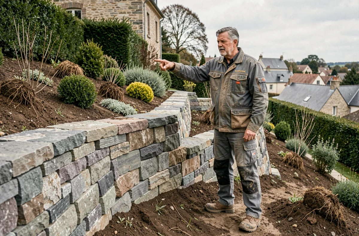 Entrepreneur paysagiste de Boutin Paysage supervisant la construction d'un mur en pierre sèche dans un jardin en terrasse