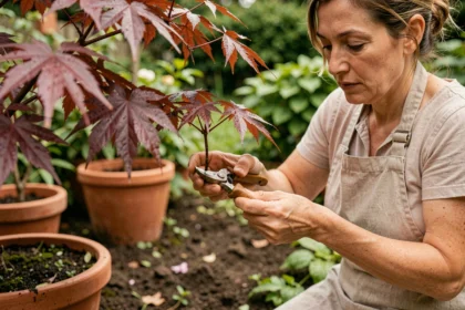 Femme prélevant une bouture d'érable du Japon aux feuilles rouge vif dans un jardin verdoyant