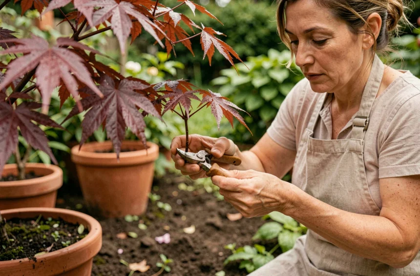 Femme prélevant une bouture d'érable du Japon aux feuilles rouge vif dans un jardin verdoyant