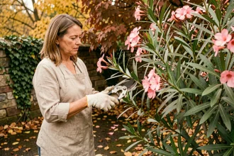 Femme réalisant une bouture de laurier rose en automne dans un jardin aux feuillages dorés