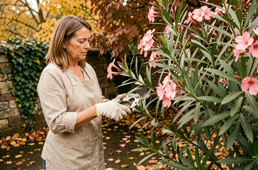 Femme réalisant une bouture de laurier rose en automne dans un jardin aux feuillages dorés