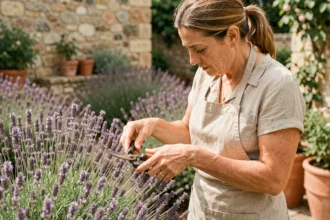 Femme effectuant une bouture de lavande dans un jardin provençal avec un sécateur, gros plan sur les mains et les tiges violettes