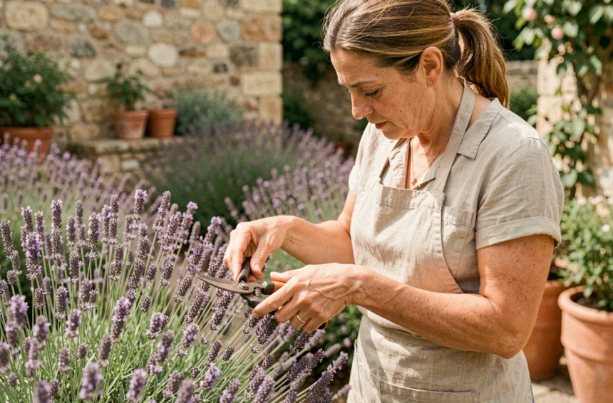 Femme effectuant une bouture de lavande dans un jardin provençal avec un sécateur, gros plan sur les mains et les tiges violettes