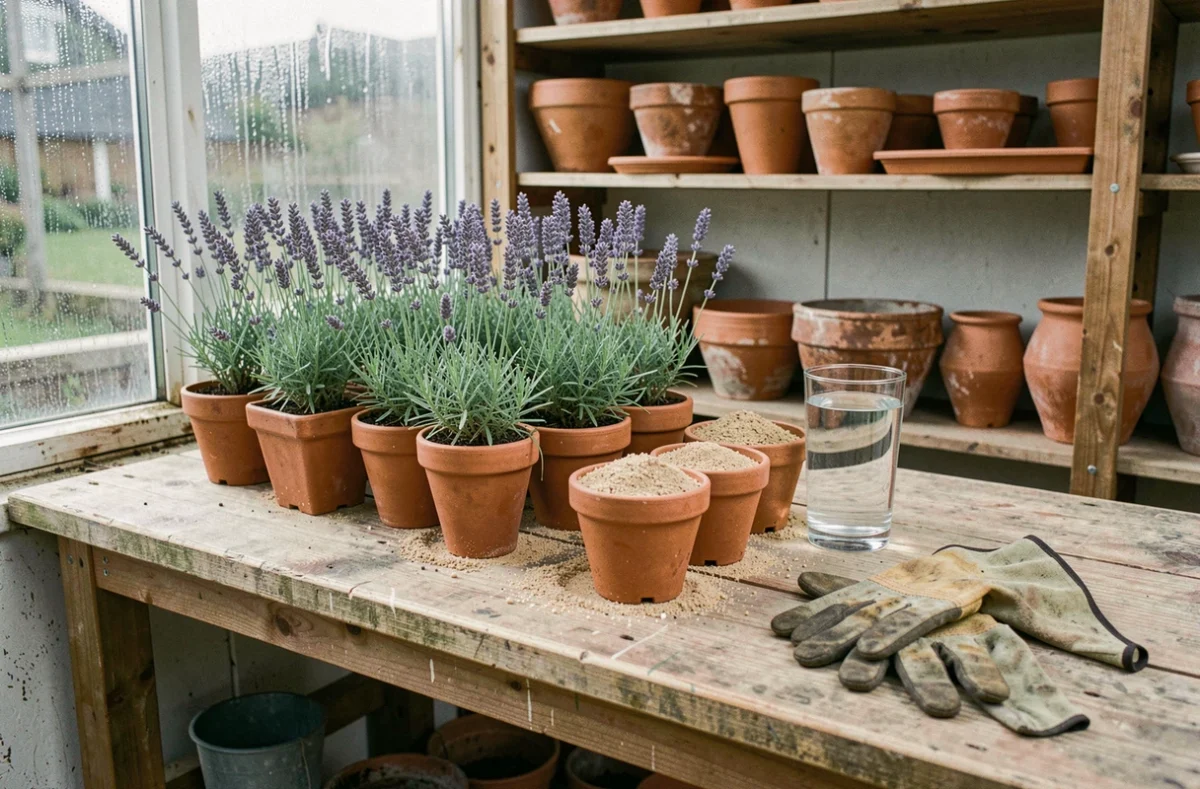 Boutures de lavande disposées sur un établi de jardinage en bois avec pots en terre cuite et terreau, prêtes à être plantées