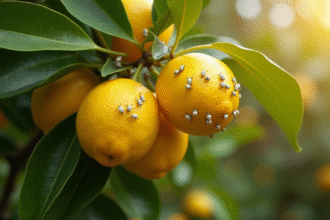 Branche de citronnier avec cochenilles blanches et citrons jaunes