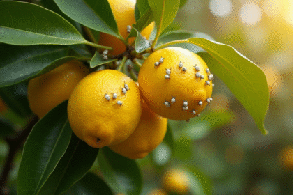 Branche de citronnier avec cochenilles blanches et citrons jaunes