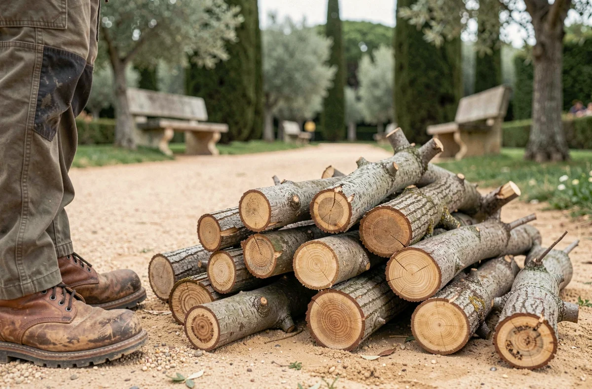 Branches coupées et bois élagué empilés dans un parc municipal de Fréjus lors des travaux d'élagage printanier