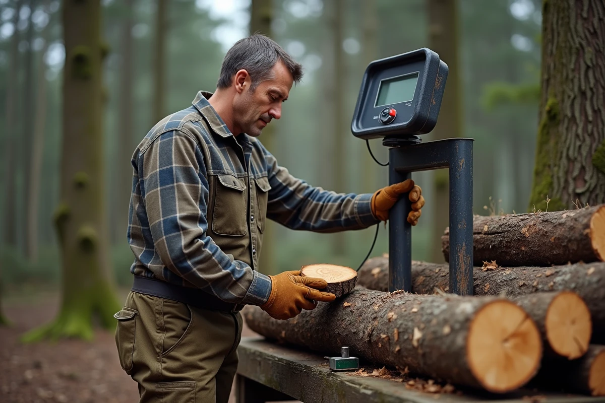 Bûcheron pesant une bûche fendue sur une balance pour comparer le poids au stère selon les essences de bois comme le bouleau, le charme et le pin