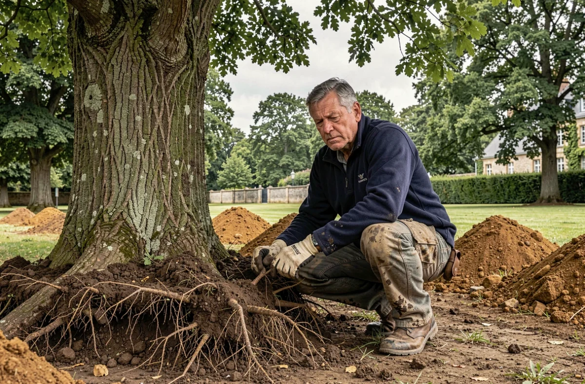 Horticulteur de l'entreprise Burte inspectant les racines d'un arbre transplanté dans un grand jardin paysager