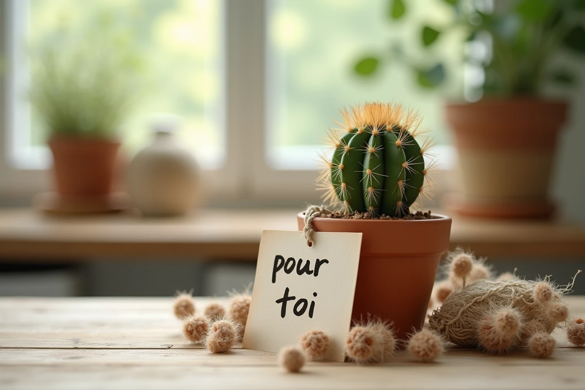 Cactus en pot de terre cuite avec un mot manuscrit 'pour toi', posé sur une table en bois rustique comme cadeau symbolique