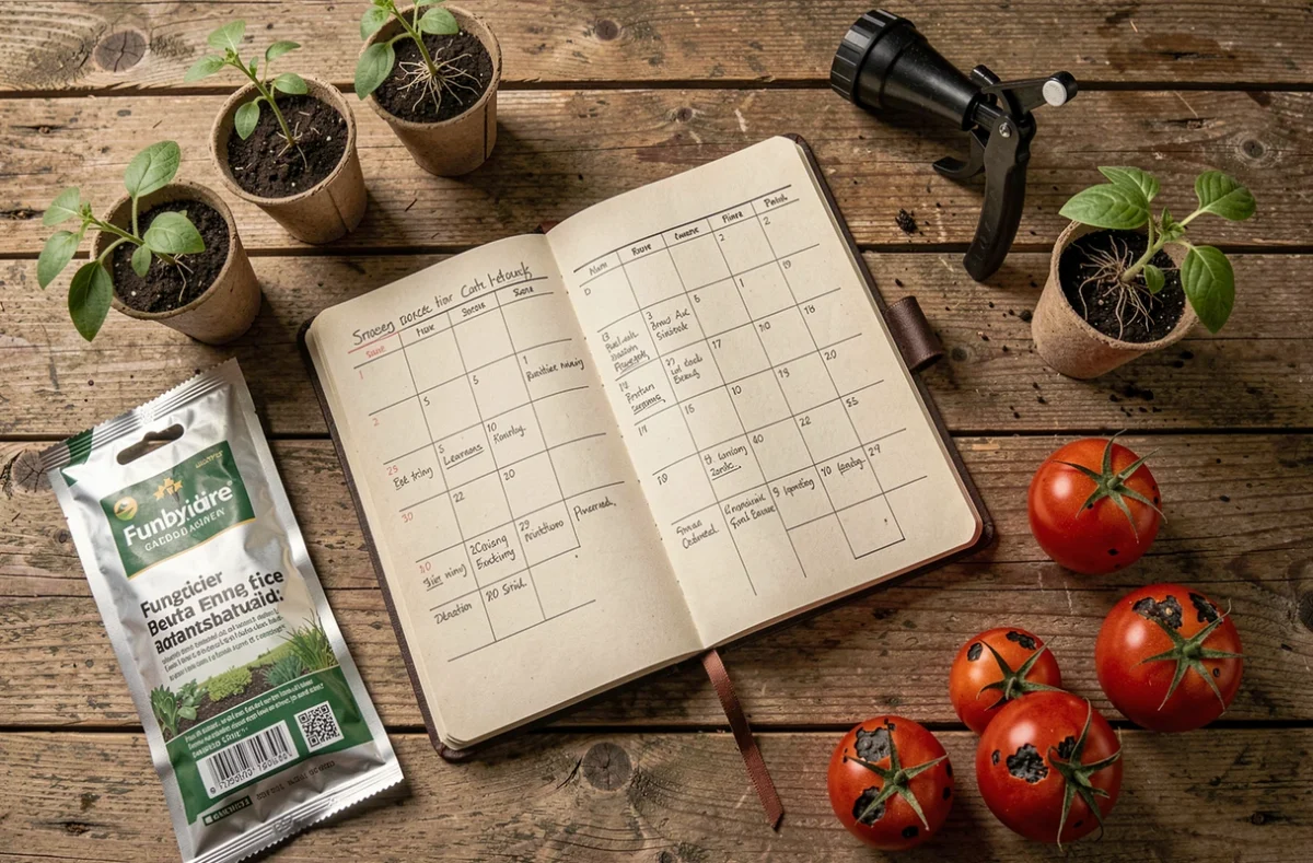 Vue aérienne d'un calendrier de jardinage annoté entouré de plants de tomates et de fruits tachetés illustrant le suivi des maladies du semis à la récolte