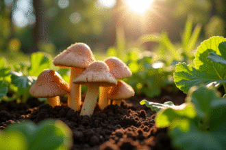 Champignons chanterelles gris clair dans un jardin verdoyant