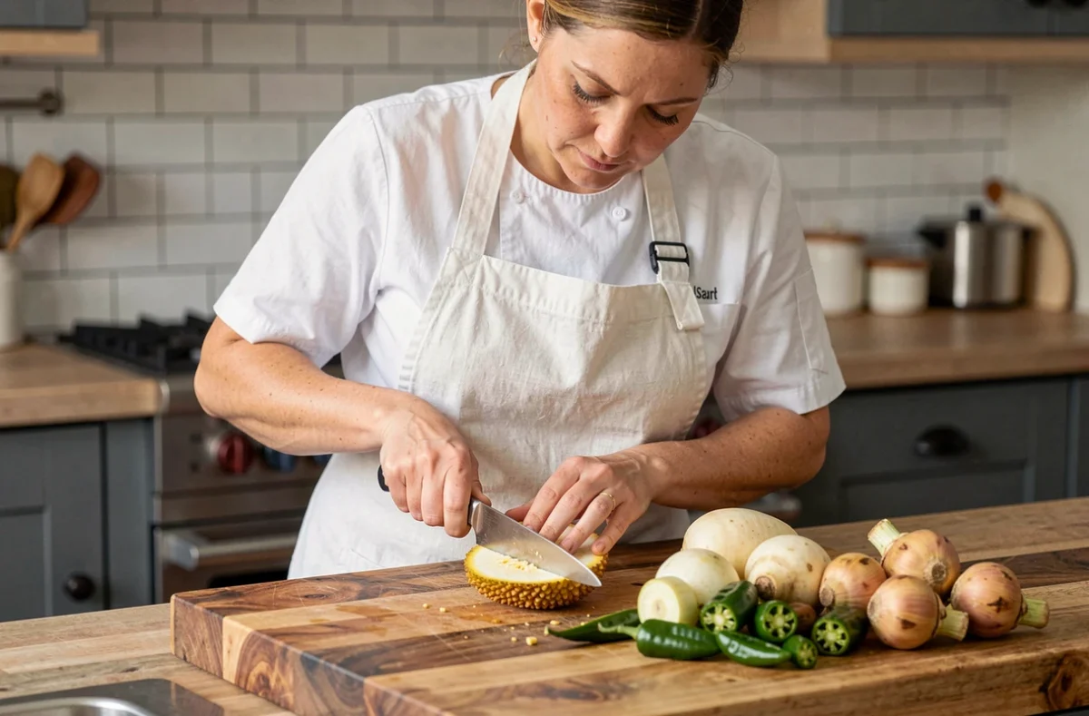 Chef cuisinière découpant un jacquier frais entouré de légumes en J comme le jicama et les topinambours dans une cuisine rustique moderne
