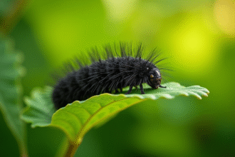 Chenille noire sur une feuille verte en macro