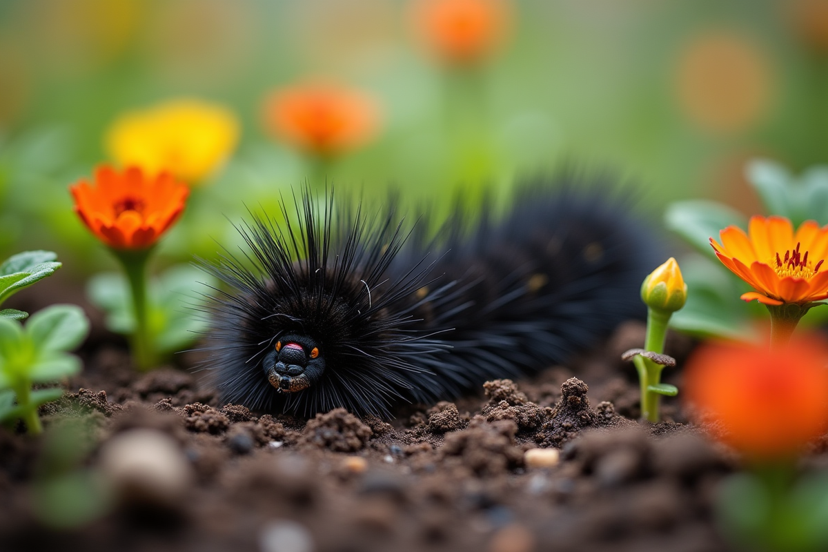 Chenille noire reposant sur le sol humide du jardin