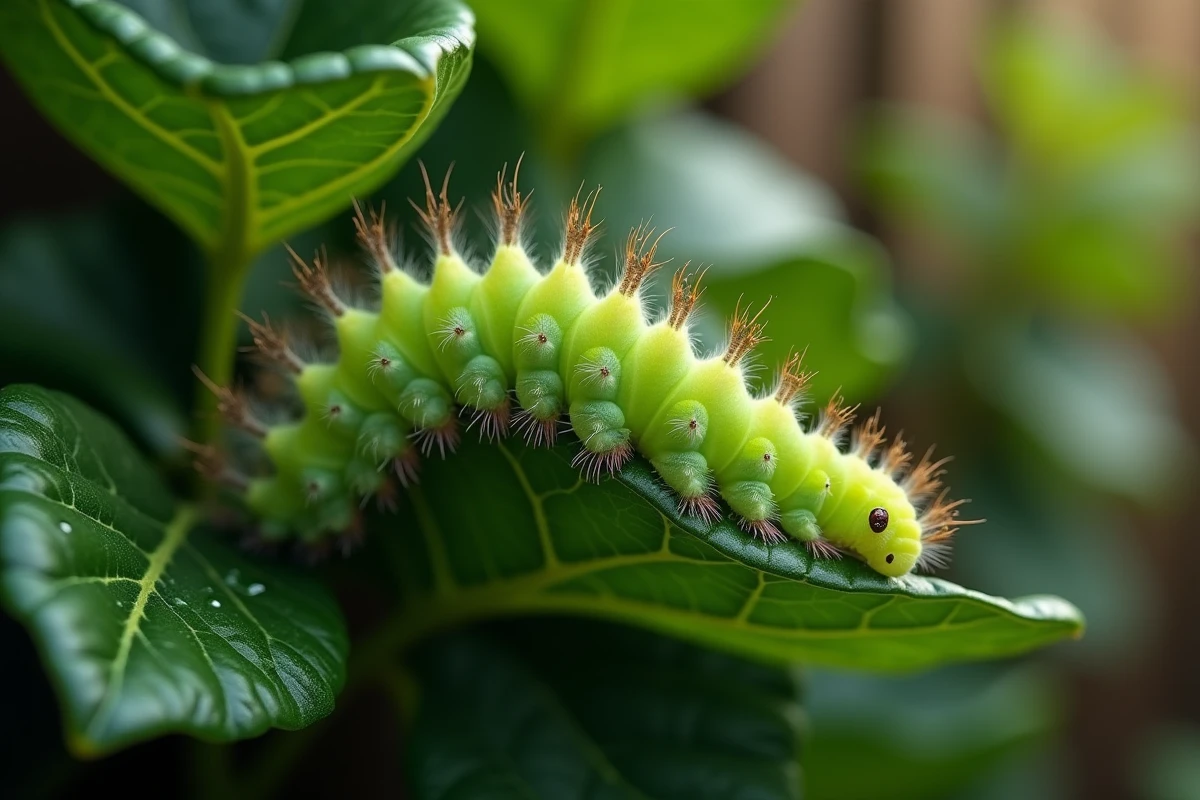 Chenille verte brillante sur une feuille de hawthorn