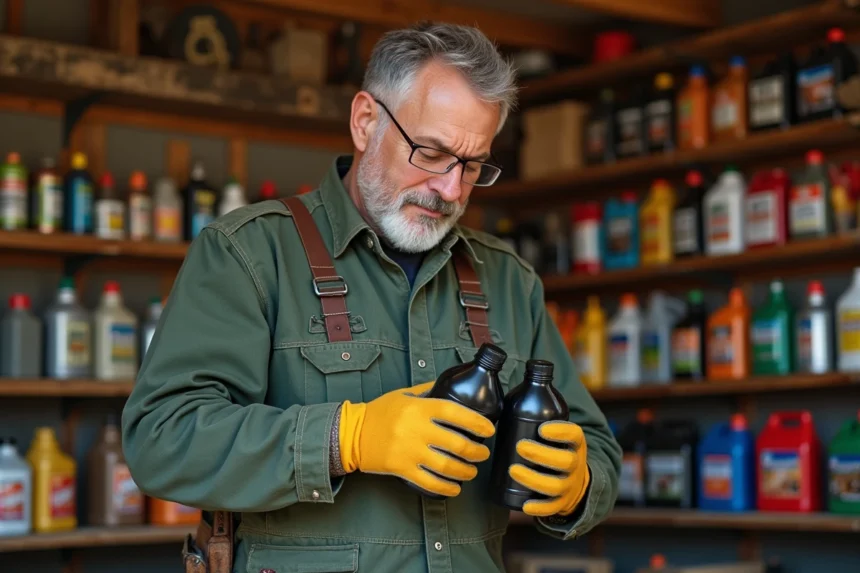 Homme en atelier comparant des bouteilles d'huile pour tronçonneuse électrique sur une étagère de garage