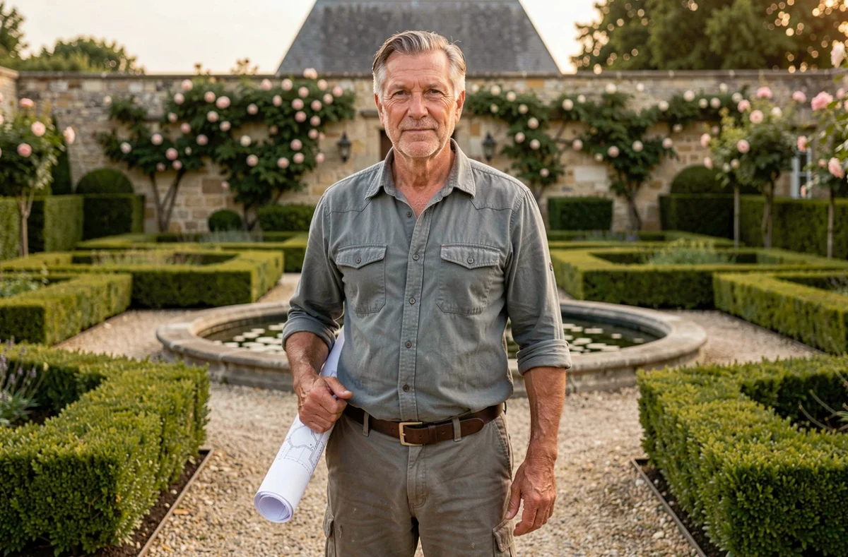 Christian Presse de Presse Paysage devant un jardin à la française formellement conçu avec parterres de buis et fontaine en pierre