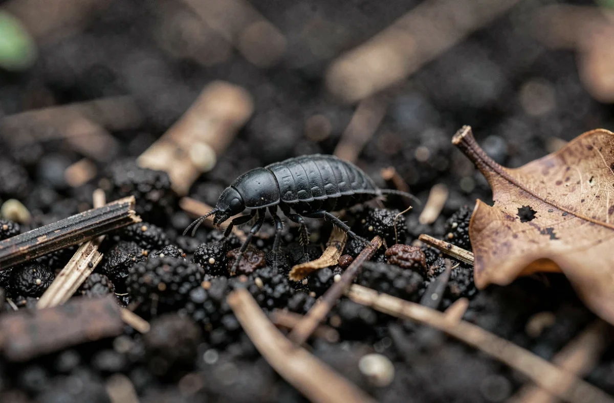 Collembole noir sur sol humide du jardin, insecte sauteur identifié avec appendice bifurqué visible